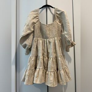 Smocked Cream & Gold Textured Dress